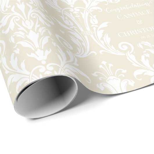 Papier Cadeau Creamy Almond White Damask Ajouter Nom Félicitatio (Coin rond)