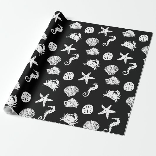 Papier Cadeau Créatures de la mer Noire et Blanche (Déroulé)