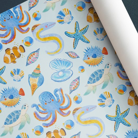 Papier Cadeau Créatures marines Perle Bleue Fête d'anniversaire 