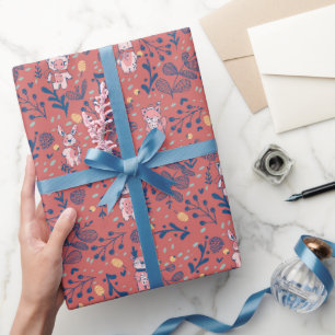 Papier Cadeau Créatures mignonnes des bois sur corail rouge – No