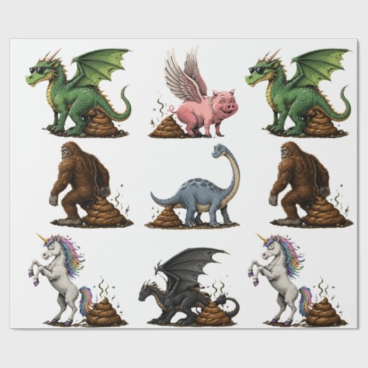 Papier Cadeau Créatures mythiques drôles qui font caca (Plat)