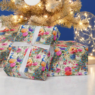 Papier Cadeau Créez Votre Propre Floral de Paon Romantique