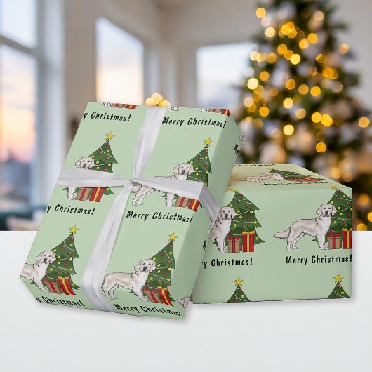 Papier Cadeau Crème Anglaise Golden Retriever Et Arbre De Noël