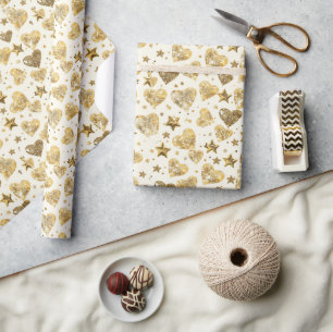 Papier Cadeau Crème avec coeurs scintillants dorés