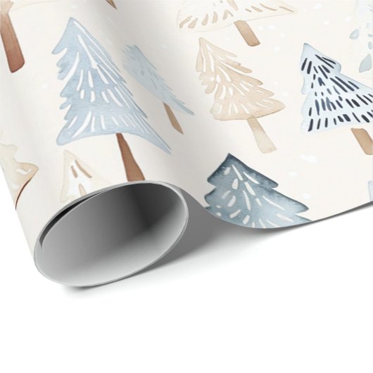 Papier Cadeau Crème Bleue Cosy Arbres de Noël (Coin rond)
