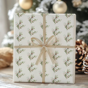Papier Cadeau crème botanique rouge baie fêtes de Noël