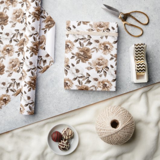 Papier Cadeau Crème Brown Fleurs blanches Anniversaire (Artisanat)