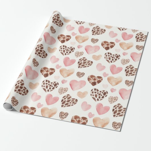 Papier Cadeau Crème Brown rose Fille Coeurs animaux léopard (Déroulé)