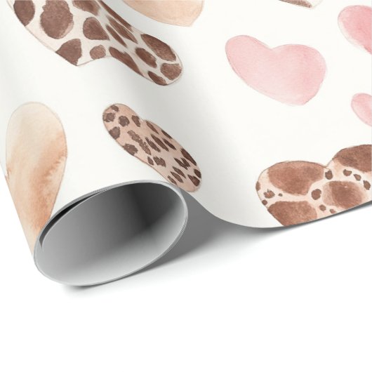 Papier Cadeau Crème Brown rose Fille Coeurs animaux léopard (Coin rond)