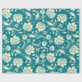 Papier Cadeau Crème claire et Damas florales Turquoises-vertes (Plat)