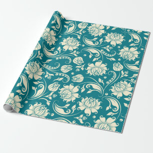 Papier Cadeau Crème claire et Damas florales Turquoises-vertes