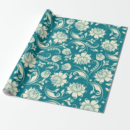 Papier Cadeau Crème claire et Damas florales Turquoises-vertes (Déroulé)
