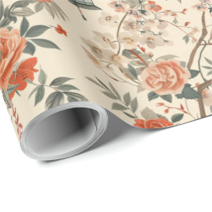 Papier Cadeau Crème d'automne orange florale chinoiserie