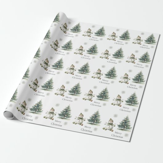 Papier Cadeau Crème d'or vert rustique Snowman Arbres de Noël (Déroulé)