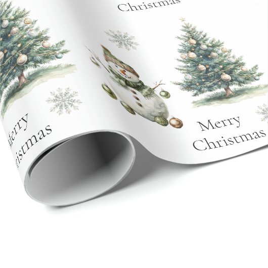 Papier Cadeau Crème d'or vert rustique Snowman Arbres de Noël (Coin rond)