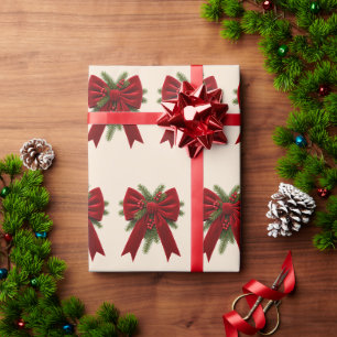 Papier Cadeau Crème Élégant Velours Noeud et Baie Noël