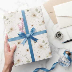 Papier Cadeau Crème Fleurs Marron Cacao Anniversaire