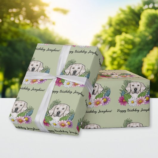 Papier Cadeau Crème Golden Retriever Floral Joyeux Anniversaire