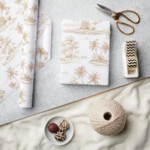 Papier Cadeau Crème Marron Aloha Palmiers Île Tropicale