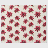 Papier Cadeau Crème Rouge Poinsettia Floral Noël (Plat)