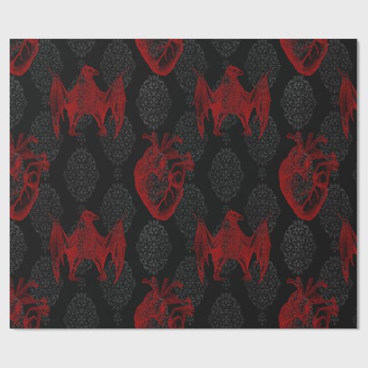 Papier Cadeau Crimson & Coeurs noirs et chauves-souris (Plat)