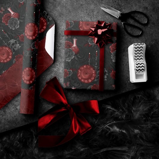 Papier Cadeau Crimson magique Zodiac | Rose de crâne gothique ro