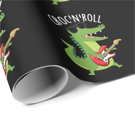 Papier Cadeau Croc N Roll Funny Crocodile Pun Dark BG (Coin rond)