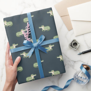 Papier Cadeau Crocodiles à l'aquarelle sur fond gris-bleu foncé
