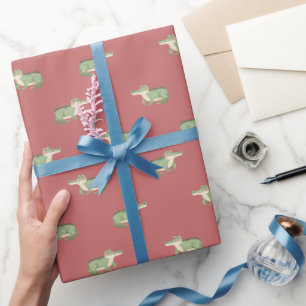 Papier Cadeau Crocodiles à l'aquarelle sur fond rouge délavé