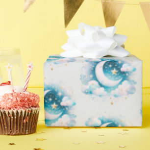 Papier Cadeau Croissant de Lune Céleste Bleu et Blanc Bohème Mod