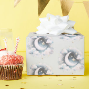 Papier Cadeau Croissant de Lune Céleste Bleu et Blanc Bohème Mod