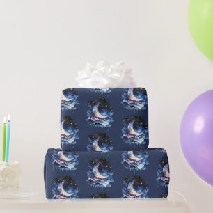 Papier Cadeau Croissant de Lune Étoiles Céleste Bleu Halloween