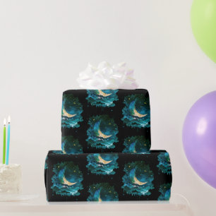 Papier Cadeau Croissant de Lune Étoiles Célestes Noir Halloween
