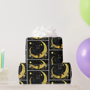 Papier Cadeau Croissant de Lune Fleur Blanc Halloween Chat Noir
