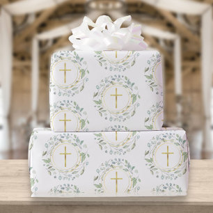 Papier Cadeau Croix chrétienne en or de la guirlande de laurier