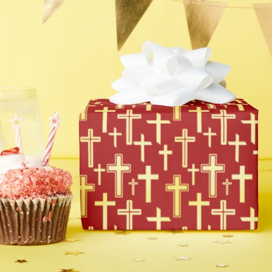 Papier Cadeau Croix chrétienne rouge et or classique élégant (Fête d'anniversaire)