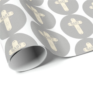 Papier Cadeau Croix crème et grise pour la dédicace de bébé