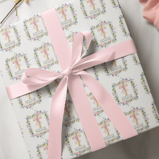 Papier Cadeau Croix de 1ère Sainte Communion florale avec nœud r
