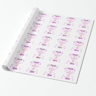 Papier Cadeau Croix de foi et d'amour des Roses avec papillon ro