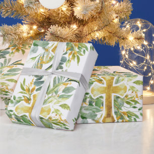 Papier Cadeau Croix d'or Aquarelle florale Baptême 1ère communio