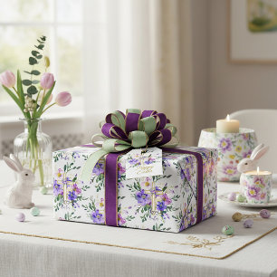 Papier Cadeau Croix florale rose et violette personnalisée de Pâ