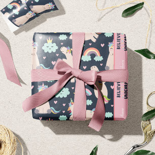 Papier Cadeau Croyez en Unicorns Bleu et Rose fille Motif enfant