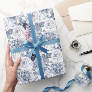 Papier Cadeau Cru floral blanc bleu élégant de partie de motif