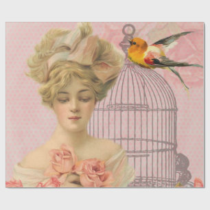 Papier Cadeau Cru. Madame victorienne et Birdcage.