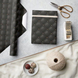 Papier Cadeau Cuir Noir Matelassé avec Clous Dorés