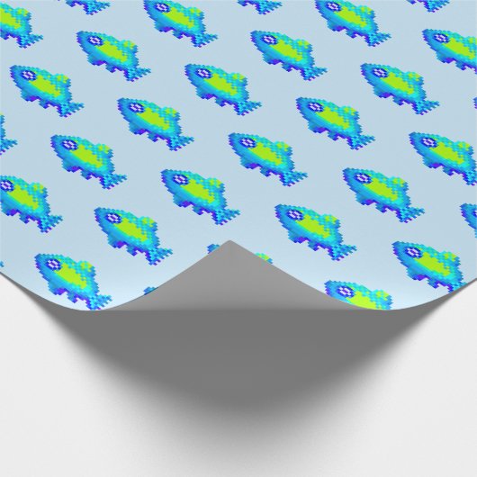 Papier Cadeau Cuisine 8 bits art pixel bleu et vert poisson (Coin)
