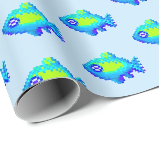 Papier Cadeau Cuisine 8 bits art pixel bleu et vert poisson (Coin rond)