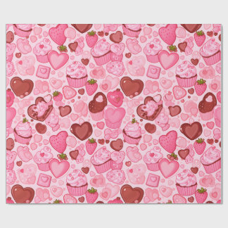 Papier Cadeau Cupcake au cœur de fraise Saint-Valentin sans cout