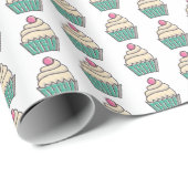 Papier Cadeau Cupcake rose et vert avec cerise rouge (Coin rond)