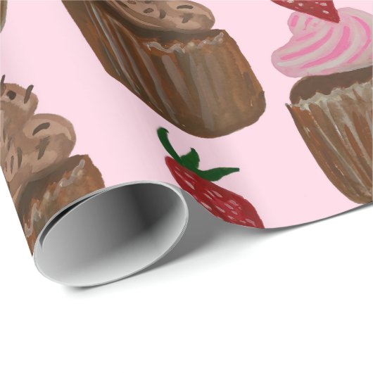Papier Cadeau Cupcakes au chocolat sur cadeau rose (Coin rond)